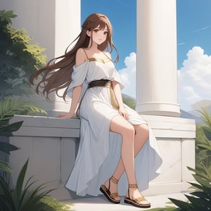 1gril\(24-year-old woman with long brown hair and brown eyes\),long hair
Wearing ancient Greek-style attire, a white fabric dress, and sandals,
Intellectual,