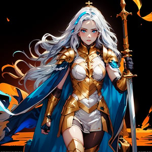 Silver, Blue, Intertwined, Full-body Armor, Queenly, Coiled Golden Long Hair, Holy Sword, Majestic Cape, Ruined Background, Ornate Armor, Opulent, full body, entire body, full_body, 1girl, solo, female_solo,genshinweapon,Young beauty spirit ,1girl,p3rfect boobs,solo,Nice legs and hot body