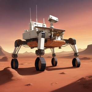 In this Renaissance-style painting of a Mars rover, I will use the red surface of Mars as the background, showing a vast desert, with volcanoes and canyons looming in the distance, showing the magnificence and desolation of the red planet. The detector will be depicted as a classically sculptural piece of machinery, intricately detailed and as if it were a work of art from another era.

The picture will use light and dark methods to emphasize the three-dimensional and metallic texture of the detector, making it appear majestic and mysterious in the interplay of light and shadow. The Martian sky in the background will show a warm-colored sunset, and red-orange clouds will reflect the ground, adding a poetic and dreamy atmosphere. The outer shell of the detector reflects these warm lights, allowing it to blend in with the environment without losing its unique presence.

This work will convey the courage and romance of human beings exploring the unknown world, and combine science and art to create a visual experience that is both real and beyond reality.