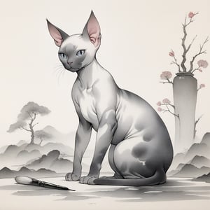 ((masterpiece)),((best quality)), 8k, high detailed, ultra-detailed, an ink wash painting of a Sphynx cat, traditional style, delicate brush strokes, detailed texture, elegant pose, simple background