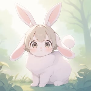 a very cute rabbit, fluffy fur, big eyes, small nose, playful pose, soft colors, nature background