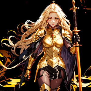 Intertwined, Full-body Armor, Queenly, Coiled Golden Long Hair, Holy Sword, Majestic Cape, Ruined Background, Ornate Armor, Opulent, full body, entire body, full_body, 1girl, solo, female_solo,genshinweapon,Young beauty spirit ,1girl,p3rfect boobs,solo,Nice legs and hot body