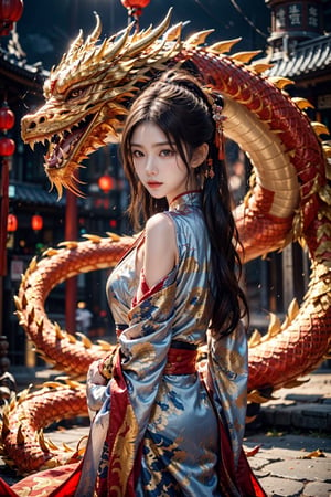 1man,zhongli,zhongli_(genshin_impact),solo,with a huge dragon on the background,game cg, yellow eyes, delicate nose, high bridge of nose, chinese ancient architecture,hands behind your back,delicate face, shiny eyes,glowing eye,sharp eyes,slanted eyes, no expression, serious face