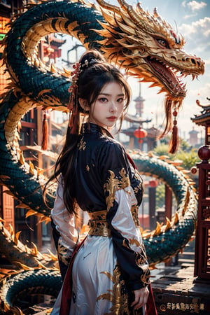 1man,zhongli,zhongli_(genshin_impact),solo,with a huge dragon on the background,game cg, yellow eyes, delicate nose, high bridge of nose, chinese ancient architecture,hands behind your back,delicate face, shiny eyes,glowing eye,sharp eyes,slanted eyes, no expression, serious face