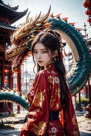 1man,zhongli,zhongli_(genshin_impact),solo,with a huge dragon on the background,game cg, yellow eyes, delicate nose, high bridge of nose, chinese ancient architecture,hands behind your back,delicate face, shiny eyes,glowing eye,sharp eyes,slanted eyes, no expression, serious face