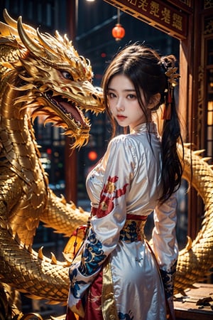 1man,zhongli,zhongli_(genshin_impact),solo,with a huge dragon on the background,game cg, yellow eyes, delicate nose, high bridge of nose, chinese ancient architecture,hands behind your back,delicate face, shiny eyes,glowing eye,sharp eyes,slanted eyes, no expression, serious face