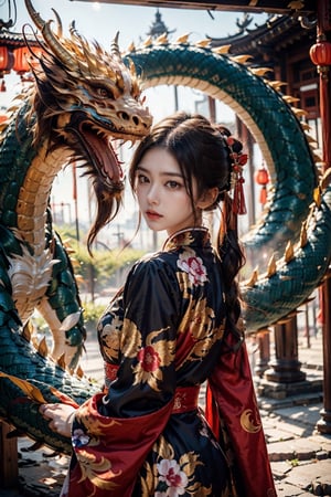 1man,zhongli,zhongli_(genshin_impact),solo,with a huge dragon on the background,game cg, yellow eyes, delicate nose, high bridge of nose, chinese ancient architecture,hands behind your back,delicate face, shiny eyes,glowing eye,sharp eyes,slanted eyes, no expression, serious face