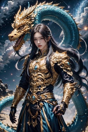 1boy,Emperor, long blue hair, blue armor, luminous magic, luminous golden dragon, starry sky, meteor,
