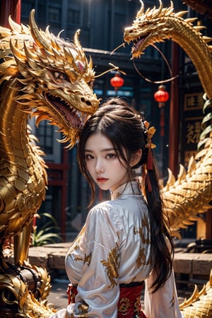 1man,zhongli,zhongli_(genshin_impact),solo,with a huge dragon on the background,game cg, yellow eyes, delicate nose, high bridge of nose, chinese ancient architecture,hands behind your back,delicate face, shiny eyes,glowing eye,sharp eyes,slanted eyes, no expression, serious face