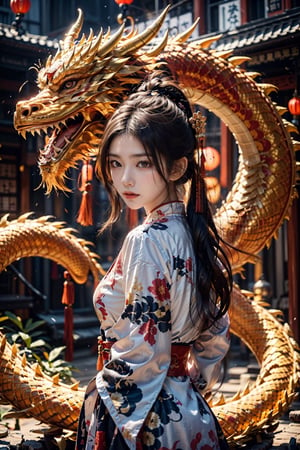 1man,zhongli,zhongli_(genshin_impact),solo,with a huge dragon on the background,game cg, yellow eyes, delicate nose, high bridge of nose, chinese ancient architecture,hands behind your back,delicate face, shiny eyes,glowing eye,sharp eyes,slanted eyes, no expression, serious face