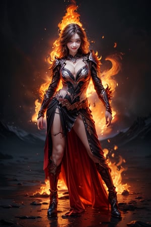 (masterpiece, high quality:1.5), (8K, HDR), masterpiece, best quality, 1girl, solo, full Body, black background, FuturEvoLabFlame, swords on fire, sexy, model pose, realistic face, looking into camera