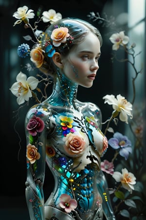 1girl,solo,"Transparent glass female cyborg. Skeleton and organs made of vibrant flowers. Mechanical joints visible. Heart of roses, lungs of hydrangeas, brain of orchids. Flowers spilling from slight cracks. Soft backlighting emphasizing transparency. Elegant pose. Simple futuristic background. Photorealistic style with high detail on glass and floral elements.",Clear Glass Skin,tranzp