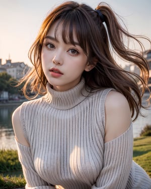 (upper body portrait:1.3), (wavy two side up hair with bangs:1.3), windblown hair, (light {orange|pink} two tone hair:1.3), (hime cut bangs:1.5), ((centered image)), a stunning beautiful busty woman, 20yo, medieval river side:1.3, steam, mist, smog, wind, fog, at early morning, flying sand and grass, (looking at the viewer:1.3), (view viewer), (facing the viewer), (standing with leaning forward:1.3),  
BREAK, 
masterpiece, best quality, highres, 1girl, Korean German, hot model, looking at viewer:1.3, (smile:0.6), wearing ((grey body fit turtleneck knitted sweater dress:1.3)), (no bra:1.4),(nipples shape visible through clothes),(grey theme:1.3), upper body shot, realistic, busty, (large breasts:1.37), (upturned breasts:1.37),(round breasts:1.37) ,parted lips, glossy juicy lips, pink lips, ,Realism,photo of perfecteyes eyes