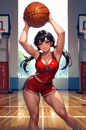 (score_9, score_8_up, score_8, score_7_up, score_7), masterprice, (rating_questionable), (source_anime), intricate_details_xl, 1girl, solo, large breast, cleavage, open eyes, balancing ball, ball, bare arms, basketball (object), basketball uniform, black hair, breasts, gym, light blush, long hair, low twintails, medium breasts, medium hair, red eyes, red shorts, red tank top, shorts, smile, sneakers, solo, sportswear, tank top, 