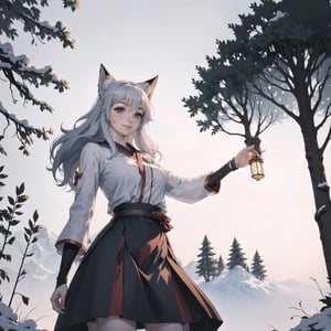 Beautifull girl, solo, soft breasts, narrow waist, pale skin, silver long hair, masterpiece, detailed face, detailed eyes, blush, small smile, fox ears, wearing Purple skirt, wearing short Miko, standing, thights, outdoors, midnight, dark woods, , night, snow, montains, full body, perfect, from below