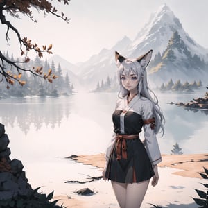 Beautifull girl, solo, soft breasts, narrow waist, pale skin, silver long hair, masterpiece, detailed face, detailed eyes, blush, soft smile fox ears, wearing Purple skirt, wearing short Miko, standing, thights, outdoors, midnight, dark woods, , night, snow, montains, full body, perfect
