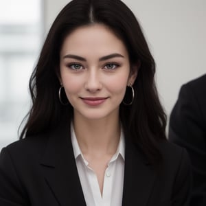 (Masterpiece), ((Best quality)), (Masterpiece,Best quality,official art,Extremely detailed CG unity 8k wallpaper), (the most noble and beautiful), (highly educated woman),beauty photo, a lady,alone,(elegant upper-class elite secretary in a business shirt),1 russian girl, beautiful face, pale sking, dark brown wavy hair, smiling, smiling face,  happy, good mood, ((soft breasts)), beautiful big ass, thights, long legs, realistic, film 4K, photography,(elegant upper-class elite secretary in a business shirt),Perfect appearance,Double-lidded eyes,Delicate makeup,working in an office, talking with an employee, Wearing a strict business suit, (wearing pantyhose),Wearing heels high-end,girl in shirt, dressed in a suit, huge tit,full bodyesbian,dressed in a suit, dressed in a suit, Merchant, business clothes, wearing black suits, Wearing shirt and skirt, ((black jacket)), woman in suit, suit business,Computer chair,sitting,erlang legs,high heels,see the viewer,brightly,Complicated details,foot focus,from below,Cool beauty,(tall girl),dark brown hair,small piercings,Accurately express details such as the texture of the face and skin.,(the most beautiful face and eyes), Double eyelid, Delicate skin, slender body shape, alone, big breasts, (Wearing the most beautiful and noble earrings.), sexy:1.5, from aside