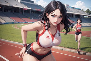 1 japanese girl, solo, sporty girl, running clothes, 16 years old, thighs, super cute, sexy:1.5, seductive smirk, running, running track, sexy lips, shy, blushing, soft freckles, pale skin, black wavy hair,  full-body_portrait, soft breasts, hourglass_figure, ,YAMATO, crotch