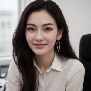 (Masterpiece), ((Best quality)), (Masterpiece,Best quality,official art,Extremely detailed CG unity 8k wallpaper), (the most noble and beautiful), (highly educated woman),beauty photo, a lady,alone,(elegant upper-class elite secretary in a business shirt),1 russian girl, beautiful face, pale sking, dark brown wavy hair, smiling, smiling face, shy, ((soft breasts)), beautiful big ass, thights, long legs, realistic, film 4K, photography, standing,(elegant upper-class elite secretary in a business shirt),Perfect appearance,Double-lidded eyes,Delicate makeup,working in an office,Wearing a strict business suit, (wearing pantyhose),Wearing heels high-end,girl in shirt, dressed in a suit, huge tit,full bodyesbian,dressed in a suit, dressed in a suit, Merchant, business clothes, wearing black suits, Wearing shirt and skirt, woman in suit, suit business,Computer chair,sitting,erlang legs,high heels,see the viewer,brightly,Complicated details,foot focus,from below,Cool beauty,(tall girl),dark brown hair,small piercings,Accurately express details such as the texture of the face and skin.,(the most beautiful face and eyes), Double eyelid, Delicate skin, slender body shape, alone, big breasts, (Wearing the most beautiful and noble earrings.), sexy:1.5