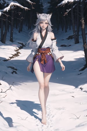 Beautifull girl, solo, soft breasts, narrow waist, pale skin, silver long hair, masterpiece, detailed face, detailed eyes, blush, fearless smile, fox ears, purple short dress, wearing short Miko, standing, thights, outdoors, midnight, dark woods, snow, montains, band of wolfs behind, full body,perfect