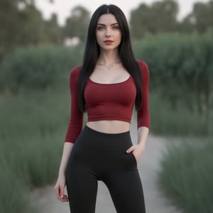 1 russian girl, 23 years old, beautiful face, pale sking,  Blue eyes, (((dark black hair))), straight hair, smirk, hourglass bodyshape, big breasts,  seducing, adorable face, long hair, beautiful big ass, abs,  thights, long legs, master piece, realistic, film 4K, photography, standing,cleavage, black yoga pants, choker or collar, (((red wine crop top))), looking at the camera,Detailedface, sexy:1.5,Sexy Pose, public park, background, view,white skin (((pale skin))),yoga pants (((black pants))),, (((front view))),shirt_lift,breasts,small gab between legs, 