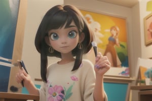 a Pixar-style 3D character illustration of Lily, a young and talented painter with a magical brush. Lily is a female character in her 20s with long straight black hair, fair skin, and a medium height. She often wears artistically inspired clothing, such as loose-fitting dresses and shirts with brushstroke patterns. Her eyes always sparkle with the light of art, and her hands bear traces of paint.