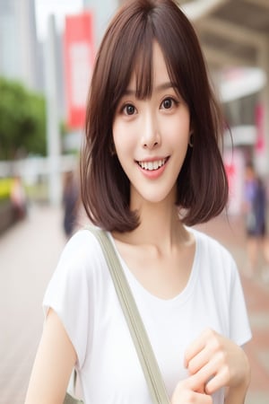 1 beautiful taiwanese girl, solo, looking at viewer, smile, short hair, bangs, black hair, shirt, black eyes,  white shirt, upper body, short sleeves, earrings, outdoors, teeth, day, bag, grin, lips, blurry background, t-shirt, professional fashion photoshoot, hyperrealistic, masterpiece.