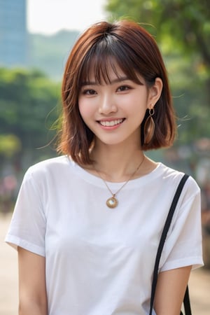 1 beautiful taiwanese girl, solo, looking at viewer, smile, short hair, bangs, brown hair, shirt, brown eyes,  white shirt, upper body, short sleeves, earrings, outdoors, teeth, day, bag, grin, lips, blurry background, t-shirt, professional fashion photoshoot, hyperrealistic, masterpiece.