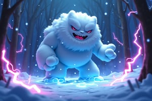 Design an electrifying cover for an Electro House track titled "Abomasnow". The scene should depict Abomasnow, a large, snow-covered Pokémon with a rugged and imposing appearance, standing tall in a wintry forest. The setting is a dark, snowy night, illuminated by vibrant neon lights that pulse rhythmically through the trees. Abomasnow's icy breath is visible, glowing faintly in the cold air, while the ground beneath him crackles with energy, as if charged with electricity. The Pokémon's eyes should be glowing with a fierce, determined light, reflecting the intensity of the music. Surrounding Abomasnow, swirling snowflakes are mixed with electric sparks, creating a dynamic, high-energy atmosphere. The overall color scheme should incorporate deep blues, bright whites, and electric purples to enhance the sense of power and cold. The title "Abomasnow" should be integrated into the design, written in bold, futuristic font with a metallic sheen.