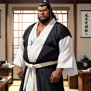 1boy, solo, Sol, Housamo, anime Bleach, tall, fat man,(black hair), close eyes, 40 years old, mature, pure black male Kimono, black Hakama, white Kimono belt, manly, masculine, handsome, charming, alluring, office, (upright, confident posture), (The torso is partially exposed, defined muscles.), perfect light, perfect anatomy, perfect proportions, perfect perspective, 8k, HQ,  (best quality:1.2, masterpiece:1.2.