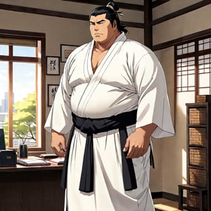 2 boy, gay sex, Sunshine, Housamo, Bleach anime, tall fat man, (black hair), closed eyes, 40s years old, mature, pure black male kimono, black Hakama, white kimono belt, manly, masculine, handsome, charming, attractive, office, (upright and confident posture), (torso is partially exposed, defined muscles), perfect light, perfect anatomy, perfect proportions, perfect perspective, big penis, 8k, HQ, (Best quality: 1.2, Masterpiece: 1.2.