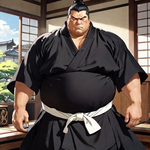 2 boy, gay sex, Sunshine, Housamo, Bleach anime, tall fat man, (black hair), closed eyes, 40s years old, mature, pure black male kimono, black Hakama, white kimono belt, manly, masculine, handsome, charming, attractive, office, (upright and confident posture), (torso is partially exposed, defined muscles), perfect light, perfect anatomy, perfect proportions, perfect perspective, big penis, 8k, HQ, (Best quality: 1.2, Masterpiece: 1.2.