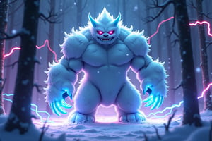 Design an electrifying cover for an Electro House track titled "Abomasnow". The scene should depict Abomasnow, a large, snow-covered Pokémon with a rugged and imposing appearance, standing tall in a wintry forest. The setting is a dark, snowy night, illuminated by vibrant neon lights that pulse rhythmically through the trees. Abomasnow's icy breath is visible, glowing faintly in the cold air, while the ground beneath him crackles with energy, as if charged with electricity. The Pokémon's eyes should be glowing with a fierce, determined light, reflecting the intensity of the music. Surrounding Abomasnow, swirling snowflakes are mixed with electric sparks, creating a dynamic, high-energy atmosphere. The overall color scheme should incorporate deep blues, bright whites, and electric purples to enhance the sense of power and cold. The title "Abomasnow" should be integrated into the design, written in bold, futuristic font with a metallic sheen.