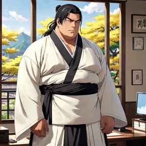 1 boy, alone, Sunshine, Housamo, Bleach anime, tall fat man, (black hair), closed eyes, 40s years old, mature, pure black male kimono, black Hakama, white kimono belt, manly, masculine, handsome, charming, attractive, office, (upright and confident posture), (torso is partially exposed, defined muscles), perfect light, perfect anatomy, perfect proportions, perfect perspective, big penis, 8k, HQ, (Best quality: 1.2, Masterpiece: 1.2.