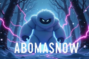 Design an electrifying cover for an Electro House track titled "Abomasnow". The scene should depict Abomasnow, a large, snow-covered Pokémon with a rugged and imposing appearance, standing tall in a wintry forest. The setting is a dark, snowy night, illuminated by vibrant neon lights that pulse rhythmically through the trees. Abomasnow's icy breath is visible, glowing faintly in the cold air, while the ground beneath him crackles with energy, as if charged with electricity. The Pokémon's eyes should be glowing with a fierce, determined light, reflecting the intensity of the music. Surrounding Abomasnow, swirling snowflakes are mixed with electric sparks, creating a dynamic, high-energy atmosphere. The overall color scheme should incorporate deep blues, bright whites, and electric purples to enhance the sense of power and cold. The title "Abomasnow" should be integrated into the design, written in bold, futuristic font with a metallic sheen.