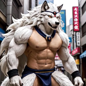 Horkeu Kamui, Housamo, Tokyo Afterschool Summoners, Lifewonder.
Horkeu Kamui is a muscular character with anthropomorphic features reminiscent of a wolf or dog. He has white fur with dark spots and wears a headband with the number “63.”