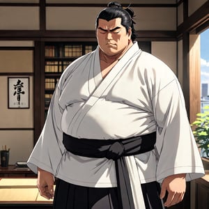 1 boy, alone, Sunshine, Housamo, Bleach anime, tall fat man, (black hair), closed eyes, 40s years old, mature, pure black male kimono, black Hakama, white kimono belt, manly, masculine, handsome, charming, attractive, office, (upright and confident posture), (torso is partially exposed, defined muscles), perfect light, perfect anatomy, perfect proportions, perfect perspective, big penis, 8k, HQ, (Best quality: 1.2, Masterpiece: 1.2.