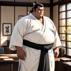 1 boy, alone, Sunshine, Housamo, Bleach anime, tall fat man, (black hair), closed eyes, 40s years old, mature, pure black male kimono, black Hakama, white kimono belt, manly, masculine, handsome, charming, attractive, office, (upright and confident posture), (torso is partially exposed, defined muscles), perfect light, perfect anatomy, perfect proportions, perfect perspective, big penis, 8k, HQ, (Best quality: 1.2, Masterpiece: 1.2.