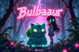 Design a vibrant and dynamic cover for an EDM track featuring Bulbasaur. The scene is set in a futuristic neon-lit forest at night. In the center, Bulbasaur is standing proudly, surrounded by glowing vines and pulsating leaves, which pulse rhythmically with the beat of the music. His eyes are illuminated, reflecting the energy and intensity of the EDM genre.

To the right of Bulbasaur, there is a young girl with long flowing hair, wearing stylish, oversized headphones that radiate a soft, neon glow. She’s dressed in a modern, street-style outfit, with hints of bright colors that match the neon aesthetic of the forest. The girl is in sync with the music, slightly leaning forward with her eyes closed, lost in the rhythm. Her presence adds a human connection to the wild energy of the scene.
The background is a mix of deep purples, electric blues, and vibrant greens, with light beams cutting through the mist, creating an almost otherworldly atmosphere. The title "Bulbasaur" is prominently displayed at the top in bold, futuristic Japanese characters (フシギダネ), with a metallic and slightly glowing effect to match the overall color scheme. The bottom of the image subtly features the artist’s name or logo, integrated seamlessly into the design without detracting from the main visual elements.