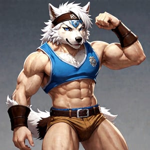 Horkeu Kamui, Housamo, Tokyo Afterschool Summoners, Lifewonder.
Horkeu Kamui is a muscular character with anthropomorphic features reminiscent of a wolf or dog. He has white fur with dark spots and wears a headband with the number “63.” He wears light blue shorts with dark blue designs and has a brown belt. She is not wearing a shirt, showing off her defined muscles.