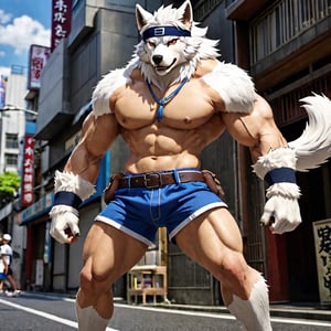 Horkeu Kamui, Housamo, Tokyo Afterschool Summoners, Lifewonder.
Horkeu Kamui is a muscular character with anthropomorphic features reminiscent of a wolf or dog. He has white fur with dark spots and wears a headband with the number “63.” He wears light blue shorts with dark blue designs and has a brown belt. She is not wearing a shirt, showing off her defined muscles.