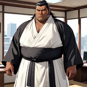 1boy, solo, Sol, Housamo, anime Bleach, tall, fat man,(black hair), close eyes, 40 years old, mature, pure black male Kimono, black Hakama, white Kimono belt, manly, masculine, handsome, charming, alluring, office, (upright, confident posture), (The torso is partially exposed, defined muscles.), perfect light, perfect anatomy, perfect proportions, perfect perspective, 8k, HQ,  best quality:1.2, masterpiece:1.2