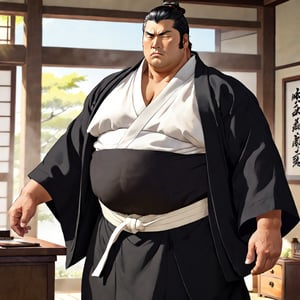 2 boy, gay sex, Sunshine, Housamo, Bleach anime, tall fat man, (black hair), closed eyes, 40s years old, mature, pure black male kimono, black Hakama, white kimono belt, manly, masculine, handsome, charming, attractive, office, (upright and confident posture), (torso is partially exposed, defined muscles), perfect light, perfect anatomy, perfect proportions, perfect perspective, big penis, 8k, HQ, (Best quality: 1.2, Masterpiece: 1.2.