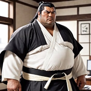 1boy, solo, Sol, Housamo, anime Bleach, tall, fat man,(black hair), close eyes, 40 years old, mature, pure black male Kimono, black Hakama, white Kimono belt, manly, masculine, handsome, charming, alluring, office, (upright, confident posture), (The torso is partially exposed, defined muscles.), perfect light, perfect anatomy, perfect proportions, perfect perspective, 8k, HQ,  (best quality:1.2, masterpiece:1.2.