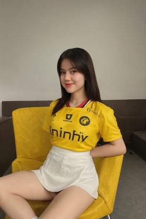 1girl, solo, (wearing panty, show panty, miniskirt,yellow jersey), looking at viewer,realistic,traditional_media, natural lighting, (sit on chair, spread legs), bunny ears,onic,0n1c,,nsfw, slave collar