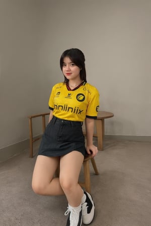 1girl, solo, (wearing panty, show panty, miniskirt,yellow jersey, front view, shot from below), looking at viewer,realistic,traditional_media, natural lighting, (sit on chair, spread legs),onic,0n1c,,nsfw