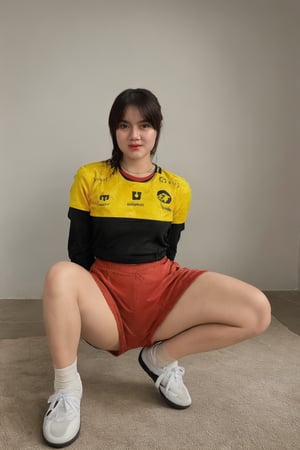 1girl, solo, (wearing panty, show panty,yellow jersey), looking at viewer,realistic,traditional_media, natural lighting, (squat, spread legs),onic,0n1c,,nsfw