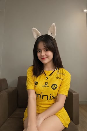 1girl, solo, (wearing panty, show panty, miniskirt,yellow jersey, front view, shot from below), looking at viewer,realistic,traditional_media, natural lighting, (sit on chair, spread legs), bunny ears,onic,0n1c,,nsfw