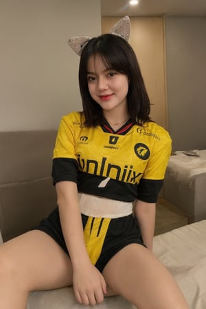 1girl, solo, ((wearing underwear, yellow jersey,garter belt)), looking at viewer,realistic,traditional_media, natural lighting, sit on chair, (spread legs), bunny ears,onic,0n1c,,nsfw, slave collar