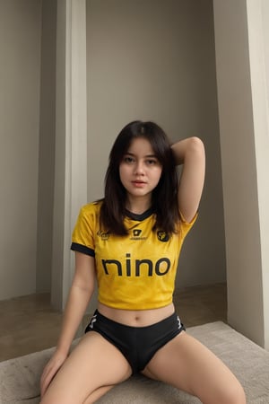 1girl, solo, (show panties,yellow jersey), looking at viewer,realistic,traditional_media, natural lighting, (squat, spread legs, hands behind head),nsfw